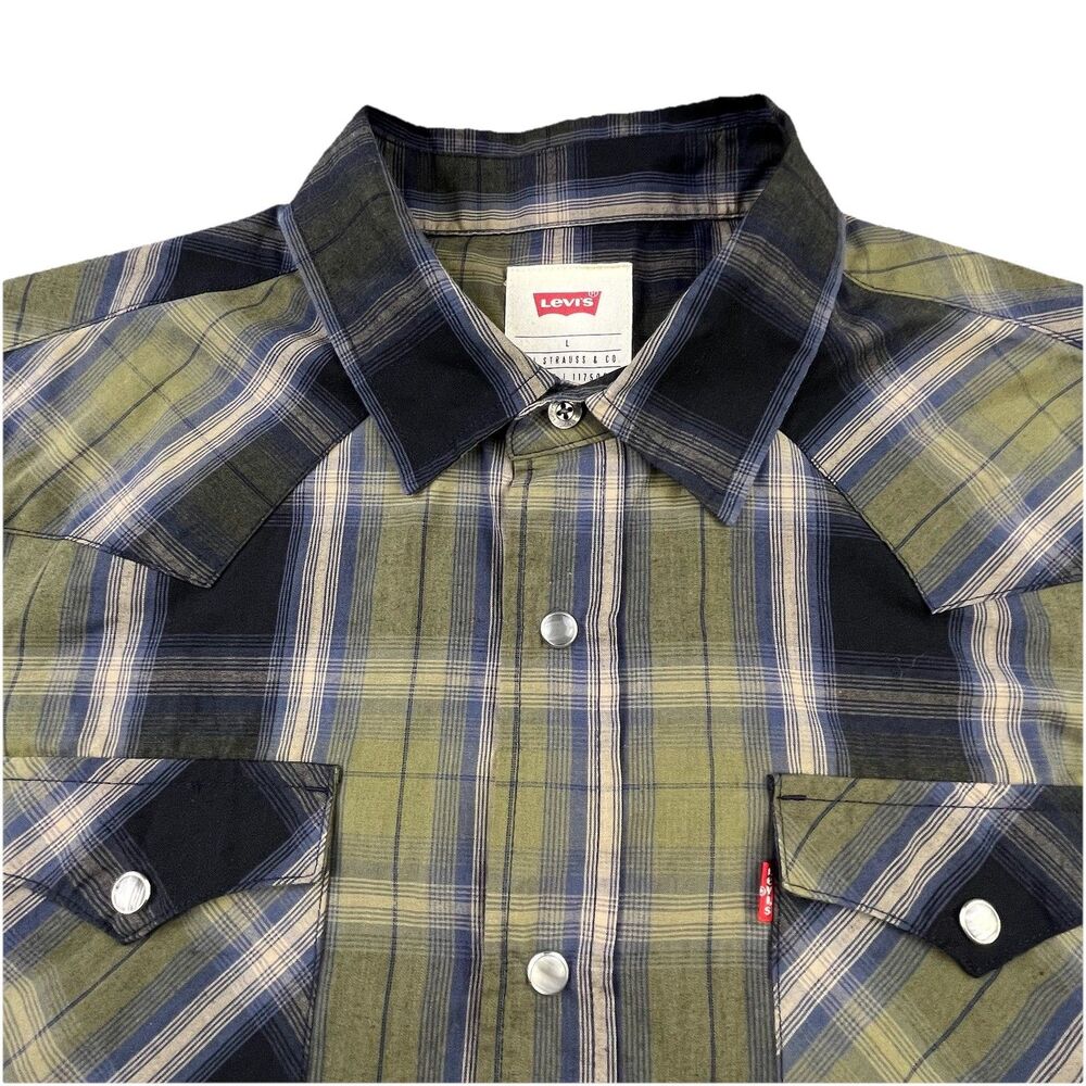 Levis Western Shirt Men Large Green Black Plaid Pearl Snap Cowboy Rodeo